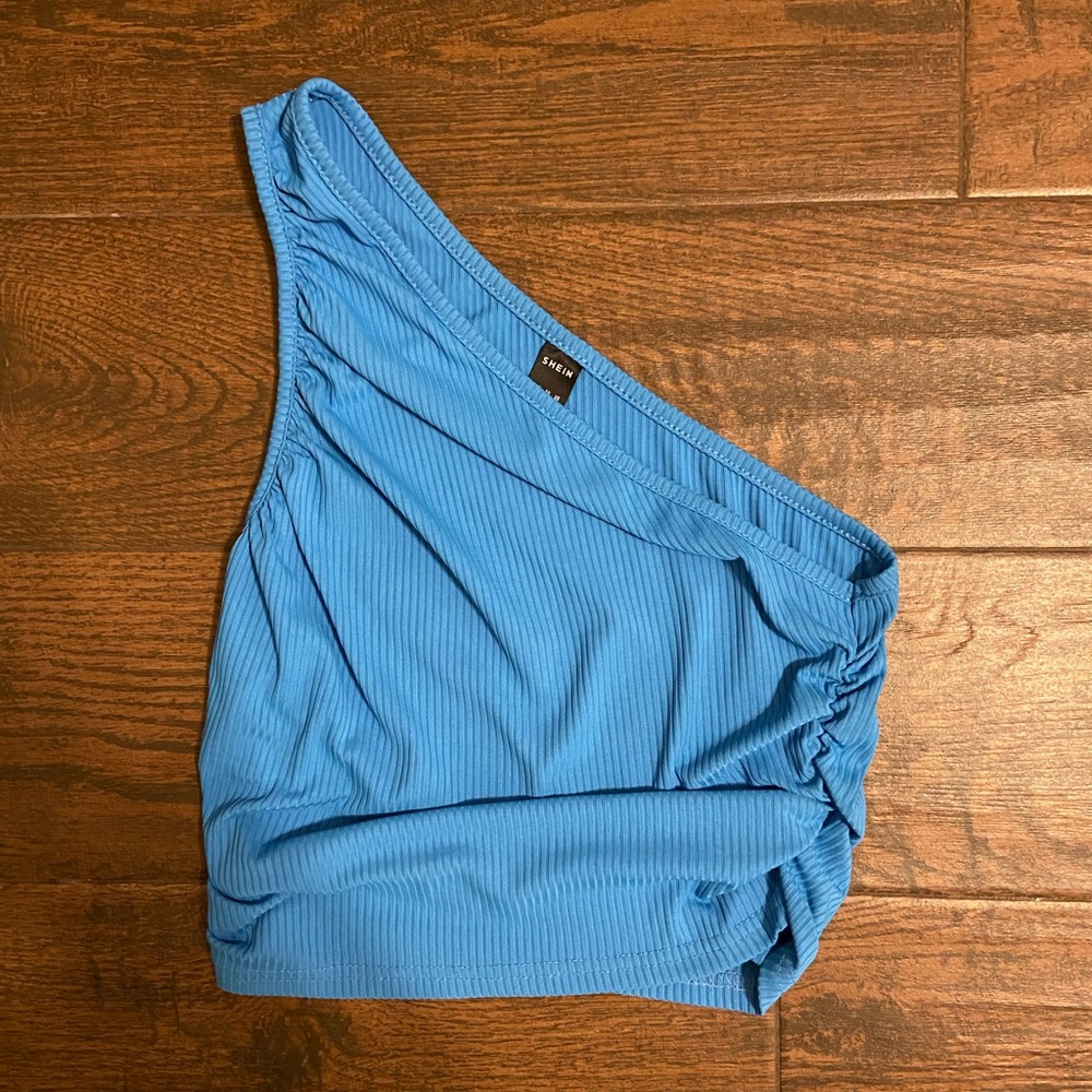 blue one shoulder scrunch top